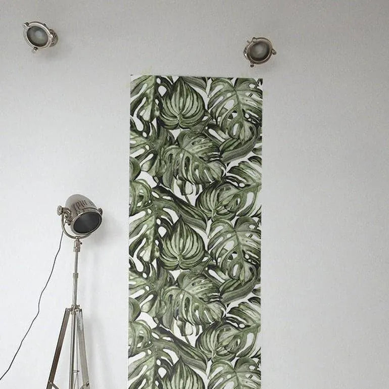 Monstera Leaf Watercolor Green and White Wallpaper