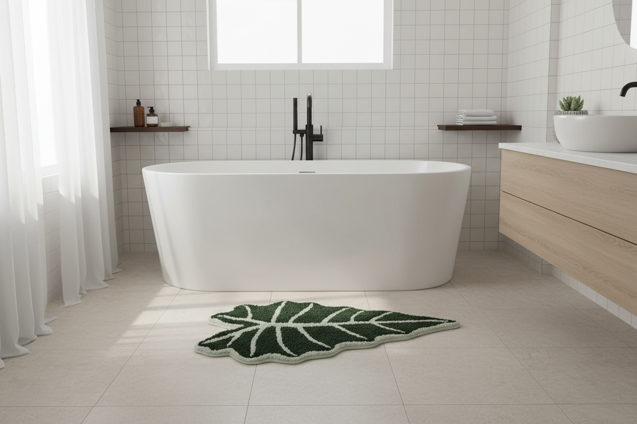 Green Monstera Leaf Shape Bath Mat