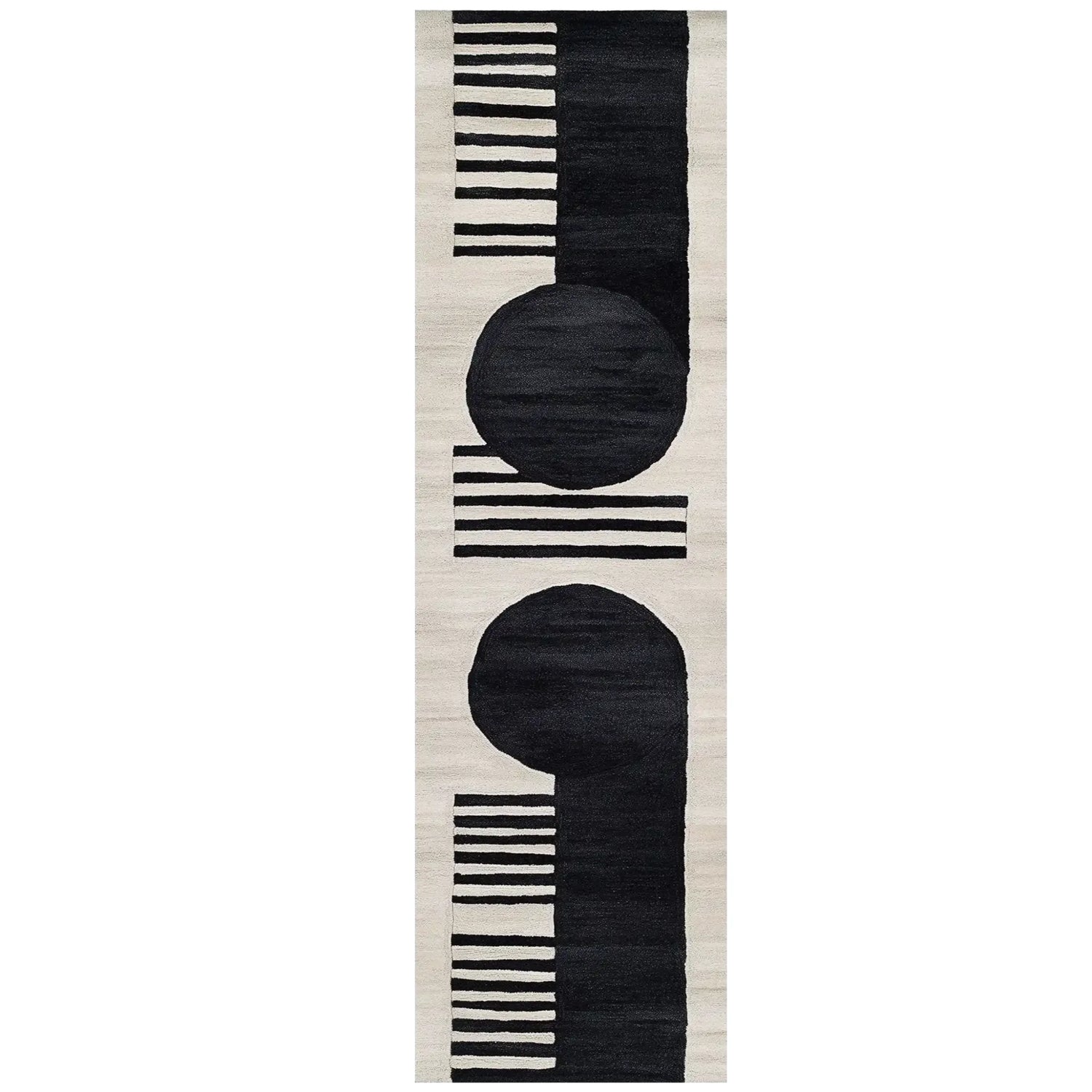 The Moon Edge Hand Tufted Wool Rug features a striking contemporary design with bold black circles and stripes on a cream background. Perfect as a runner rug, this versatile piece complements kitchen, hallway, or bathroom spaces, adding a touch of modern elegance.