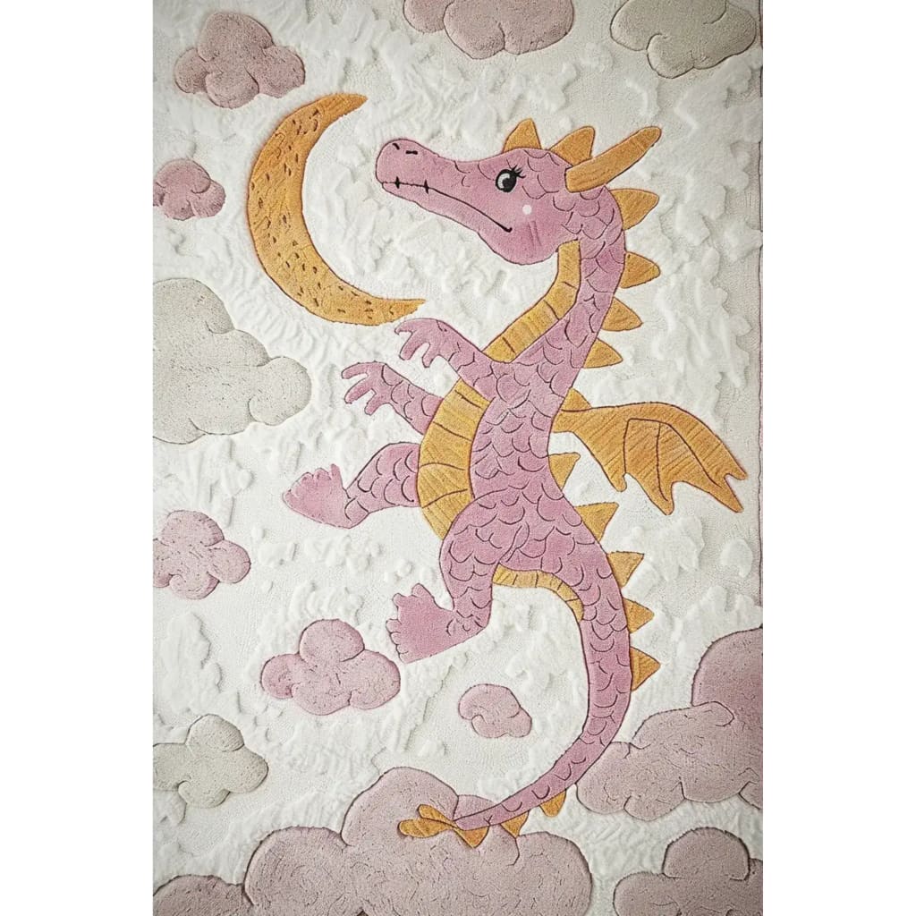 A whimsical area rug featuring a playful baby dragon reaching for a crescent moon amidst fluffy clouds. This hand-tufted wool rug is perfect for large living rooms or as a cozy addition to a bedroom, adding a touch of fantasy and charm to any space.