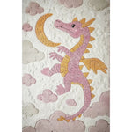 A whimsical area rug featuring a playful baby dragon reaching for a crescent moon amidst fluffy clouds. This hand-tufted wool rug is perfect for large living rooms or as a cozy addition to a bedroom, adding a touch of fantasy and charm to any space.