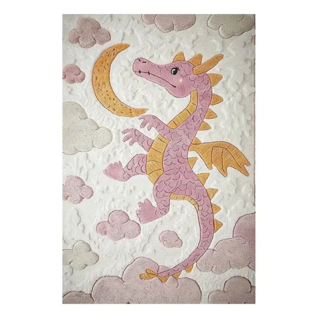 A charming area rug featuring a whimsical pink baby dragon reaching for a crescent moon, surrounded by fluffy clouds. Perfect for large living rooms or bedrooms, this hand-tufted wool rug adds a playful touch to any space, making it ideal for both living room and bedroom settings. The detailed design makes it a standout piece among rugs for bedroom decor.