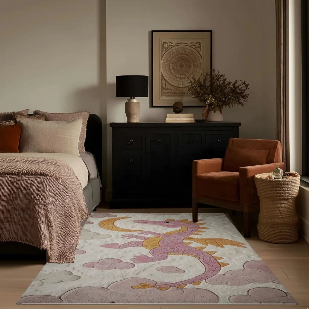 A cozy bedroom featuring the Moonlit Baby Dragon Hand Tufted Rug, a beautiful wool area rug with a whimsical dragon design. Perfect for large living rooms or as a statement piece in a bedroom, this rug adds a touch of magic to the space.