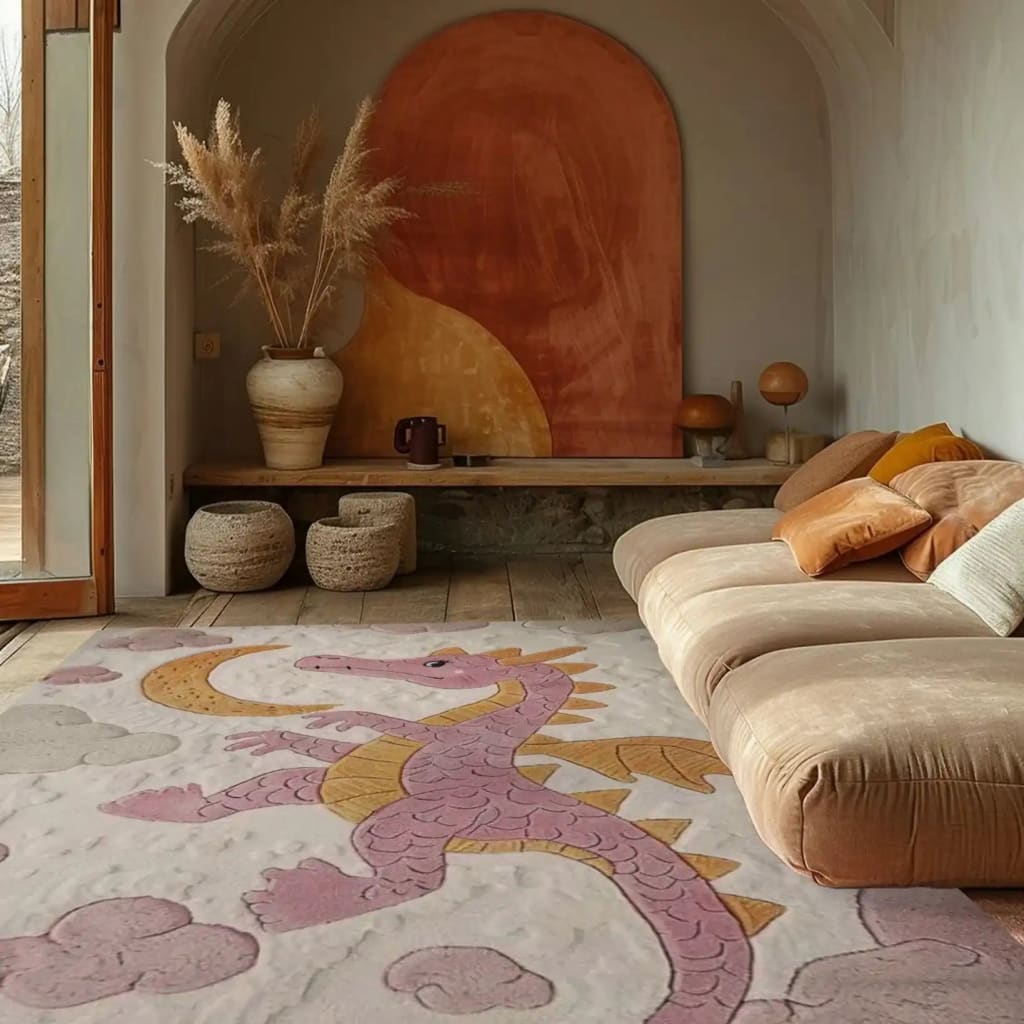 A cozy living room featuring the Moonlit Baby Dragon Hand Tufted Rug, perfect for adding charm to large living rooms or bedrooms. This wool area rug showcases a whimsical pink dragon design, complementing the soft, neutral tones of the modern sofa and earthy decor.