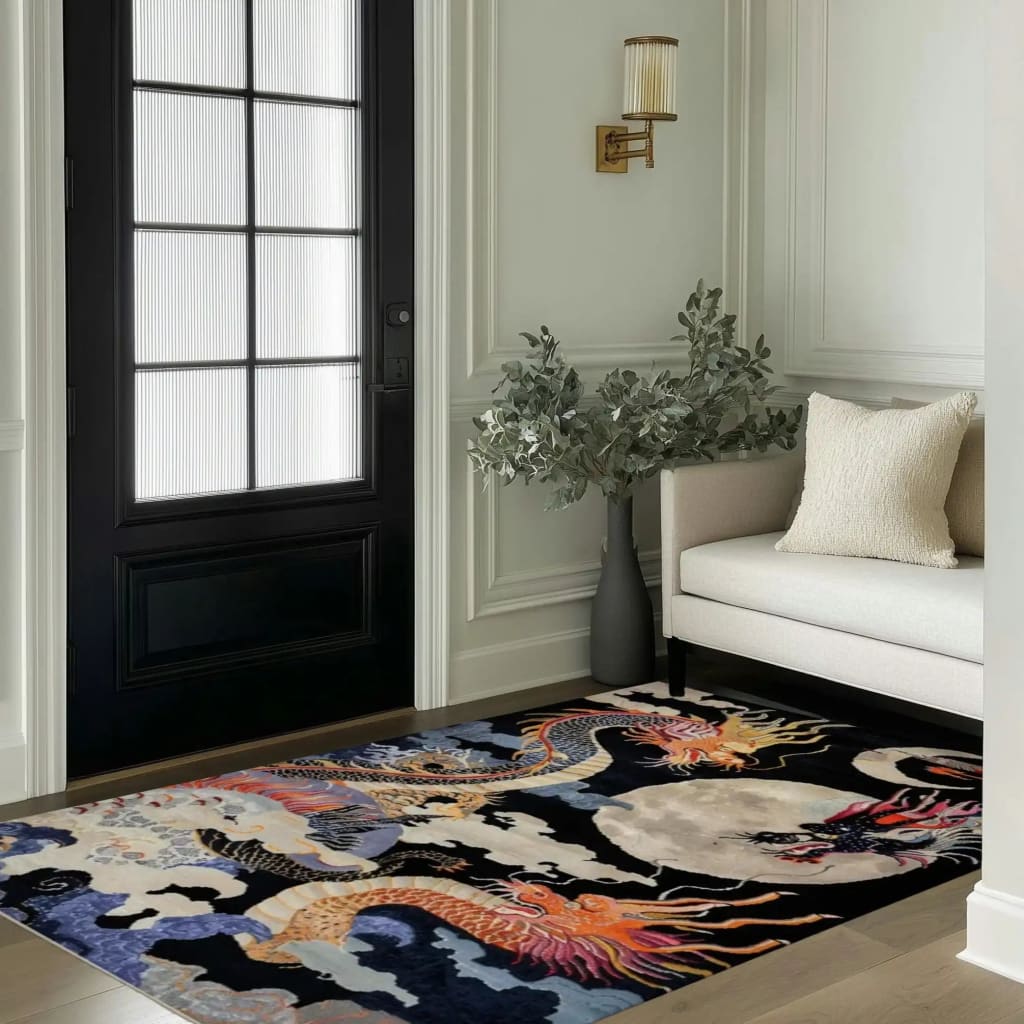 Stylish living room featuring a Moonlit Fury Hand Tufted Rug with an intricate dragon design, perfect as a large area rug for the bedroom. This wool rug adds a touch of elegance, complemented by a cozy sofa and soft lighting, enhancing the room's decor.