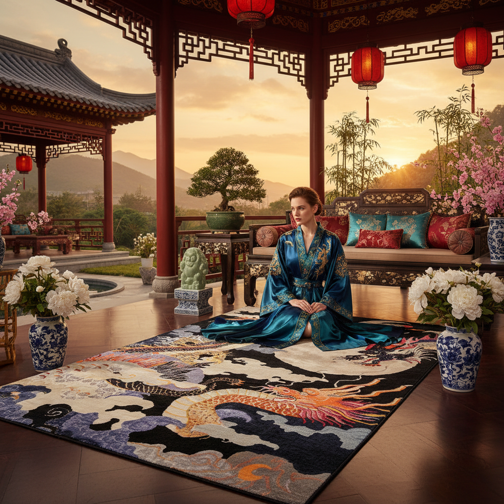 Woman in traditional attire sitting on a decorated rug in a scenic outdoor setting with pagoda and lanterns.