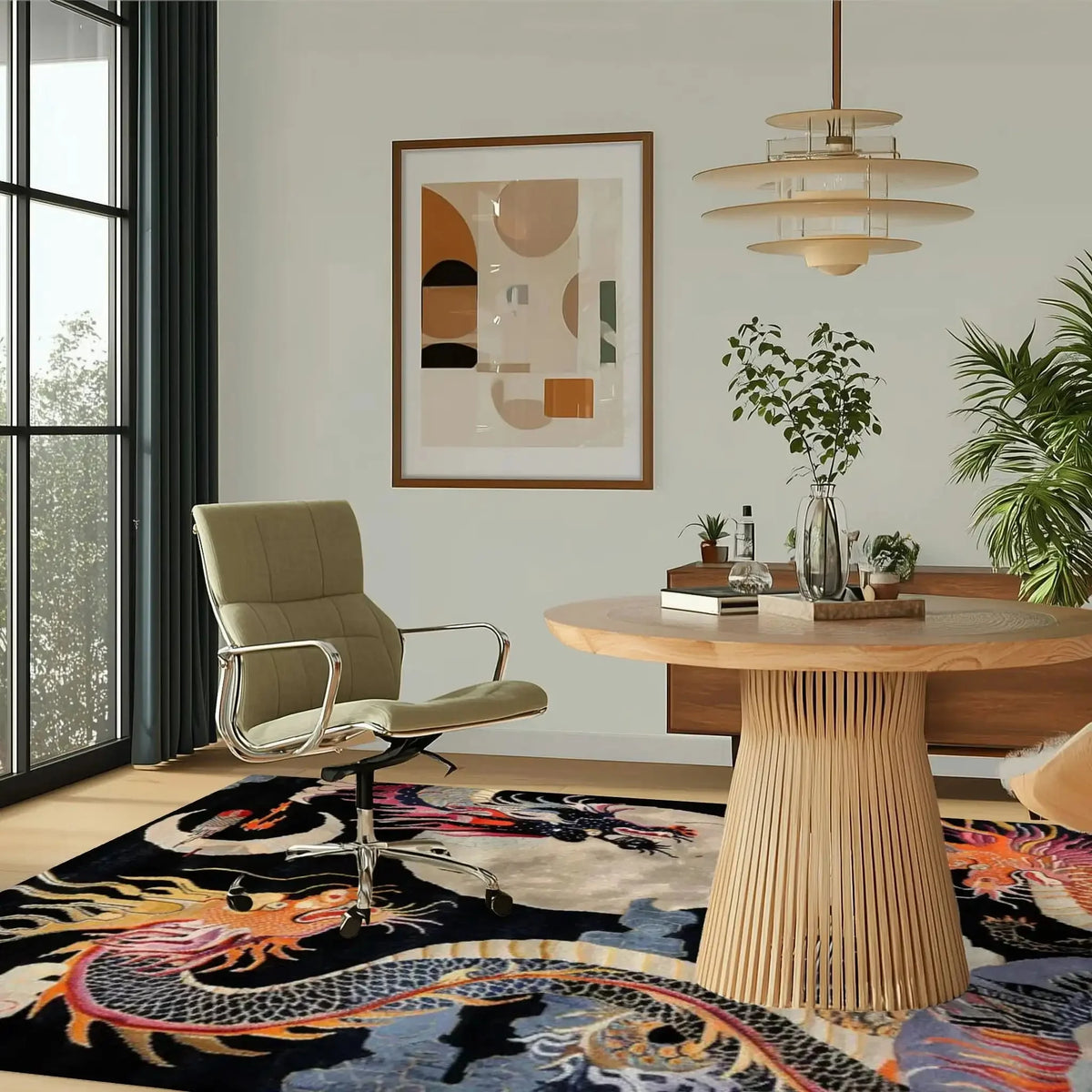 A stylish, large area rug featuring an abstract dragon design adding a striking touch to a modern bedroom. This wool rug enhances the room's decor with its vibrant colors and intricate patterns, making it a perfect choice for bedroom rugs.