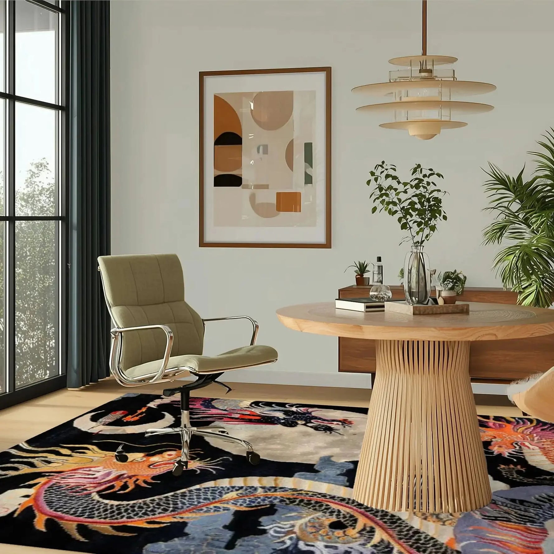 A stylish, large area rug featuring an abstract dragon design adding a striking touch to a modern bedroom. This wool rug enhances the room's decor with its vibrant colors and intricate patterns, making it a perfect choice for bedroom rugs.