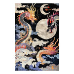 A captivating area rug titled 'Moonlit Fury Hand Tufted Rug' featuring an intricate design of vibrant dragons against a moonlit sky. This large wool rug is perfect for adding a dramatic touch to any bedroom, showcasing a blend of bold colors and detailed patterns that make it an ideal choice for bedroom rugs.
