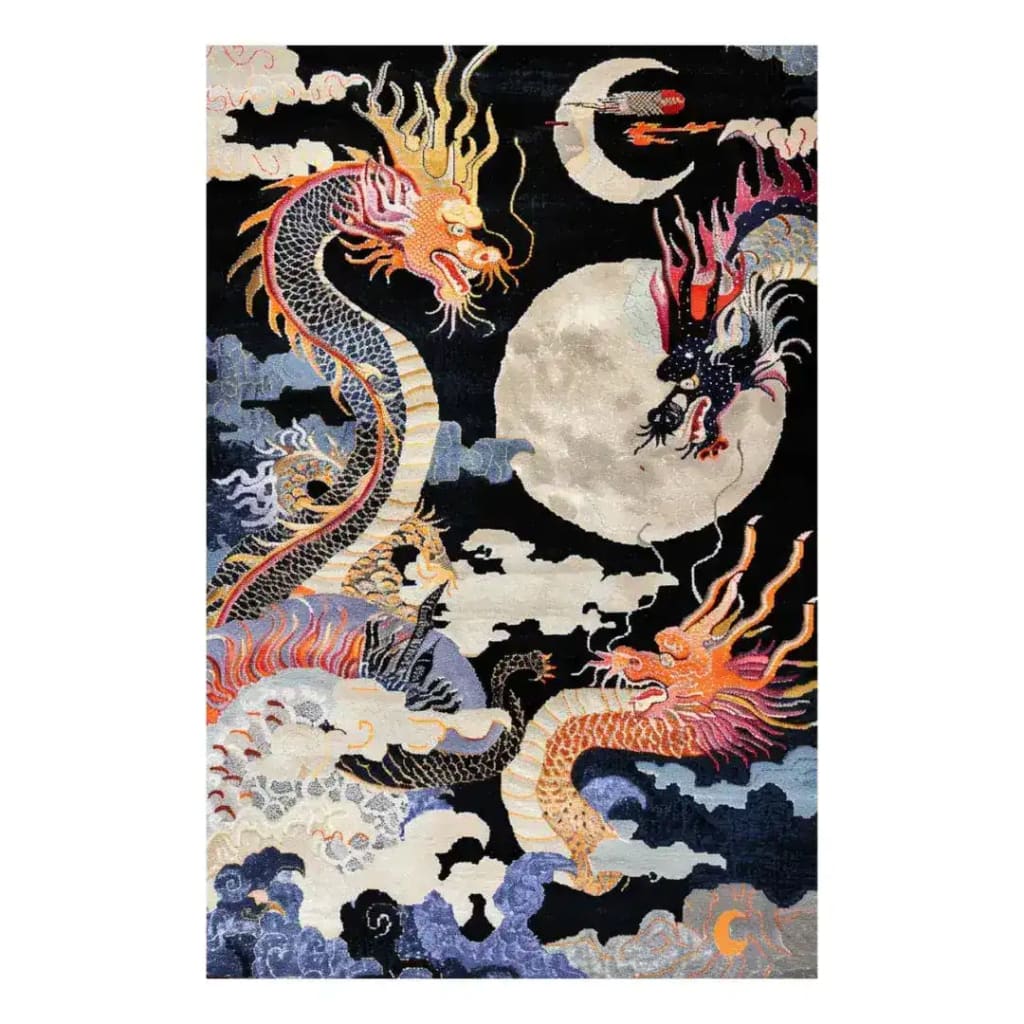 A captivating area rug titled 'Moonlit Fury Hand Tufted Rug' featuring an intricate design of vibrant dragons against a moonlit sky. This large wool rug is perfect for adding a dramatic touch to any bedroom, showcasing a blend of bold colors and detailed patterns that make it an ideal choice for bedroom rugs.