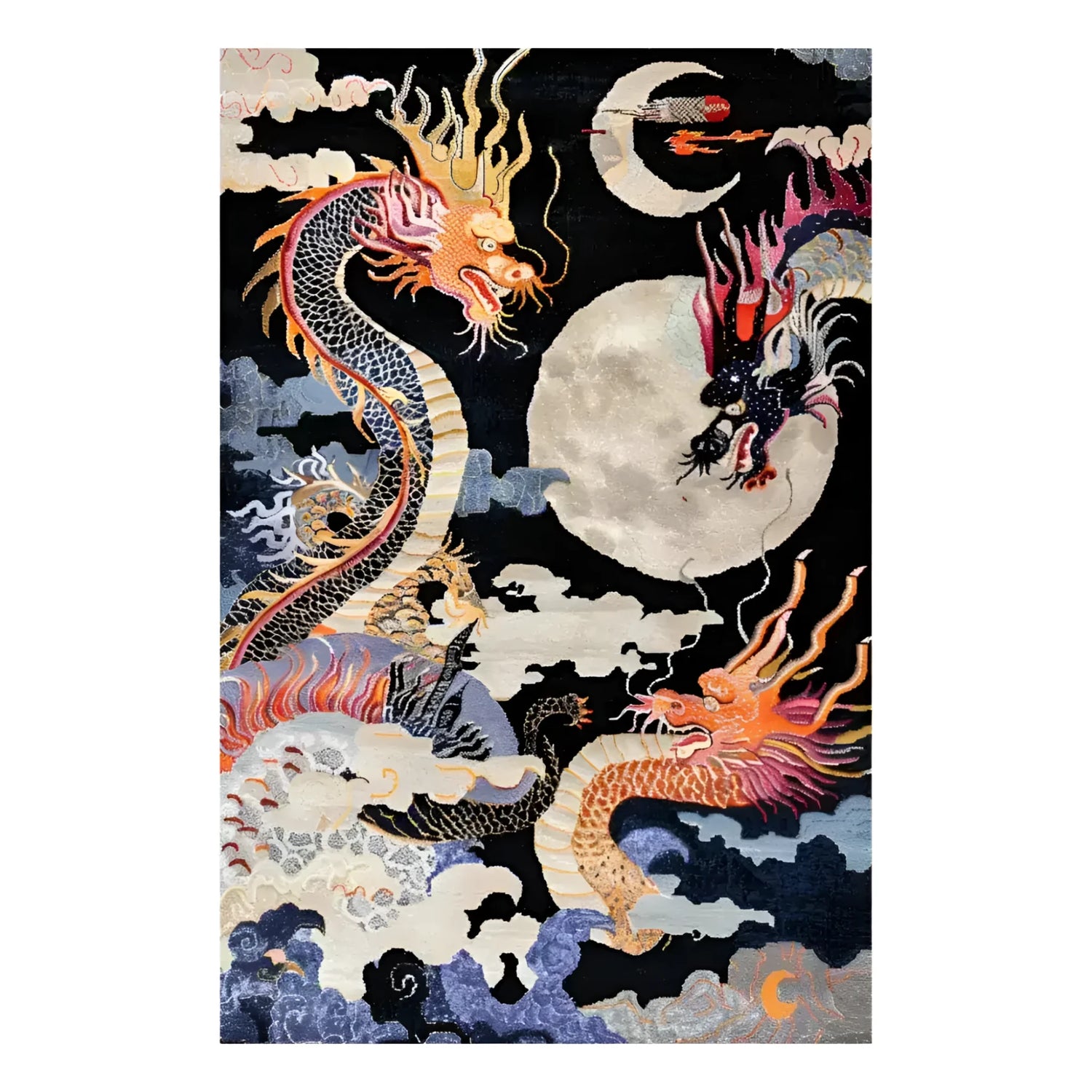 A captivating area rug titled 'Moonlit Fury Hand Tufted Rug' featuring an intricate design of vibrant dragons against a moonlit sky. This large wool rug is perfect for adding a dramatic touch to any bedroom, showcasing a blend of bold colors and detailed patterns that make it an ideal choice for bedroom rugs.