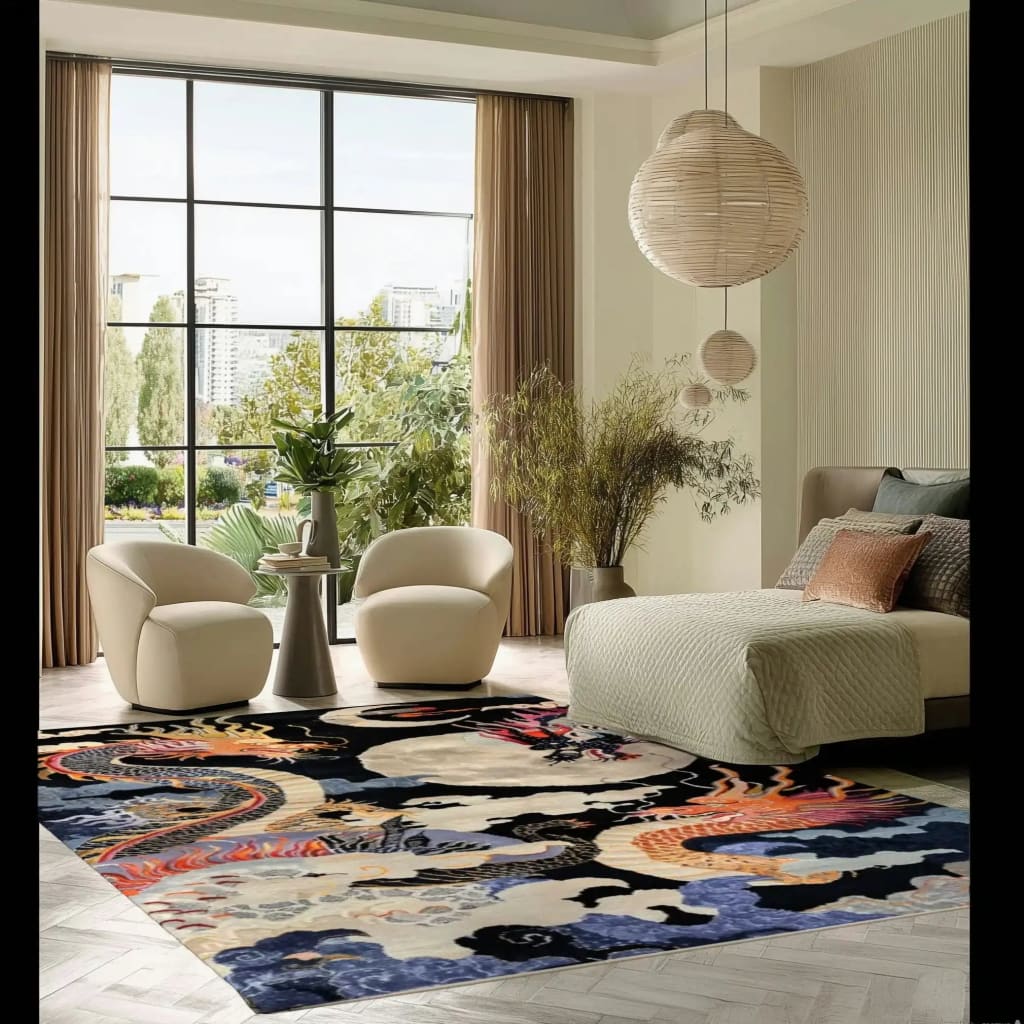 A beautifully designed bedroom featuring a Moonlit Fury hand tufted area rug. The large wool rug, with its abstract dragon motif, adds a touch of elegance and warmth to the room. Positioned on a sleek hardwood floor, the vibrant colors of the area rug complement the neutral tones of the modern furniture. Sunlight streams through a large window, enhancing the cozy ambiance of this stylish bedroom setup.