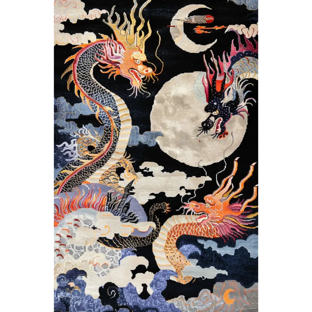 A captivating hand-tufted wool area rug featuring a mesmerizing design of mythical dragons and a full moon, perfect for adding an artistic touch to a bedroom. This large area rug showcases vibrant colors and intricate patterns, ideal for those seeking unique bedroom rugs.