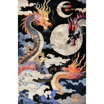 A captivating hand-tufted wool area rug featuring a mesmerizing design of mythical dragons and a full moon, perfect for adding an artistic touch to a bedroom. This large area rug showcases vibrant colors and intricate patterns, ideal for those seeking unique bedroom rugs.