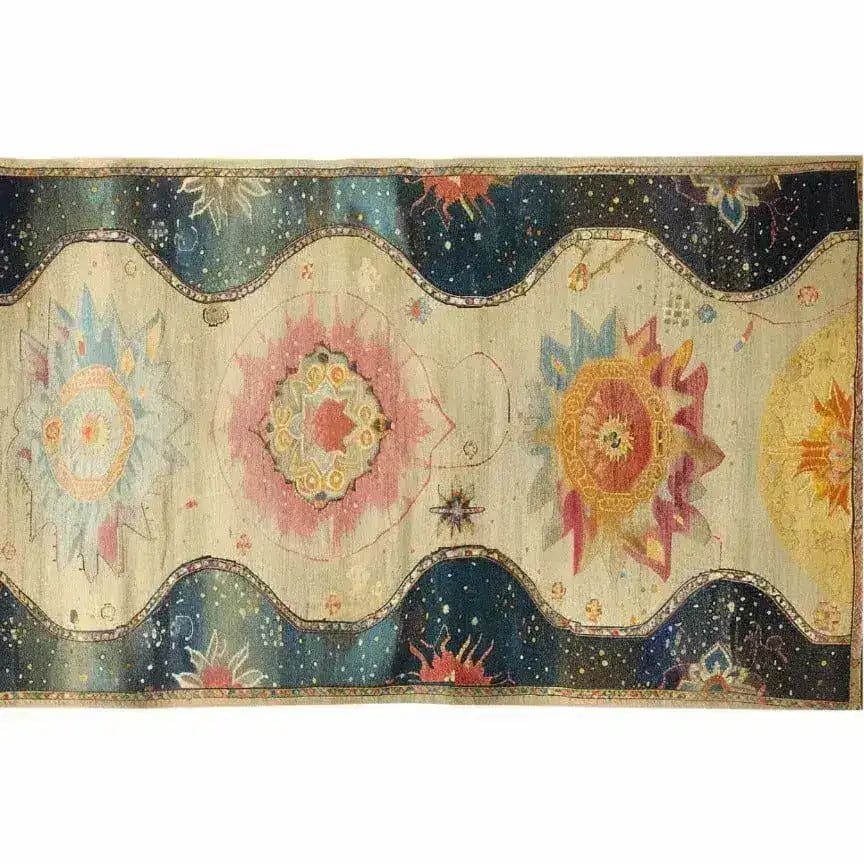 Top view of the Moonlit Meadow Hand Knotted Area Rug, featuring an abstract design with vibrant celestial motifs and rich colors, perfect for adding elegance to living room area rugs or as a standout piece among Persian rugs.