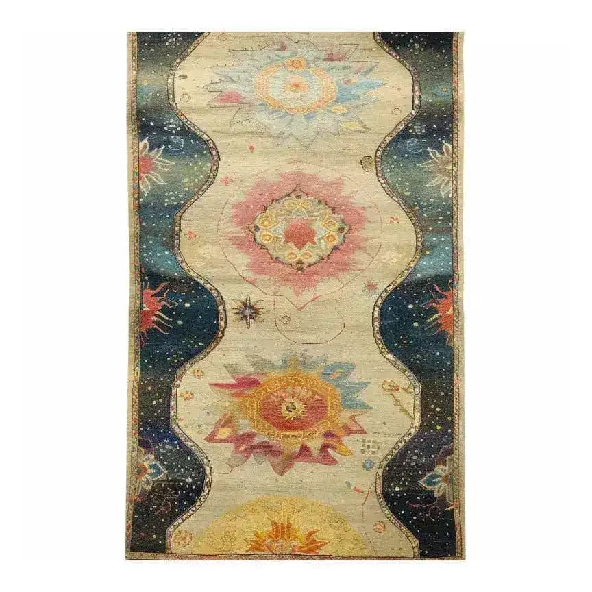 The Moonlit Meadow Hand Knotted Area Rug showcases a captivating abstract design with vibrant celestial patterns. This exquisite piece, perfect for living room area rugs, features intricate details reminiscent of Persian rugs, adding a touch of elegance to any space.