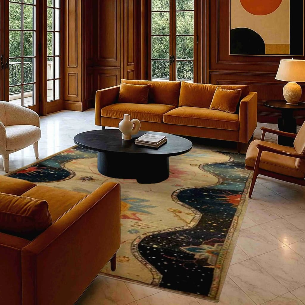 The Moonlit Meadow Hand Knotted Area Rug elegantly adorns a sophisticated living room. This stunning Persian rug brings a touch of artistic flair with its intricate design and rich colors. Perfect for enhancing the ambiance of any space, it serves as a centerpiece among the plush, mustard-colored sofas and sleek black coffee table. Ideal for those seeking the perfect blend of style and comfort in living room area rugs.