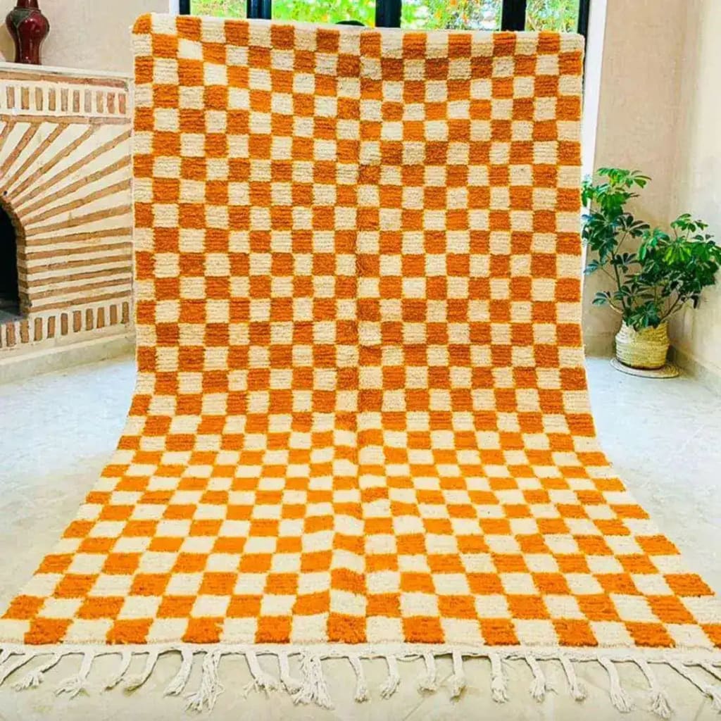 Moroccan Berber Handwoven Checker Wool Area Rug - Orange and White