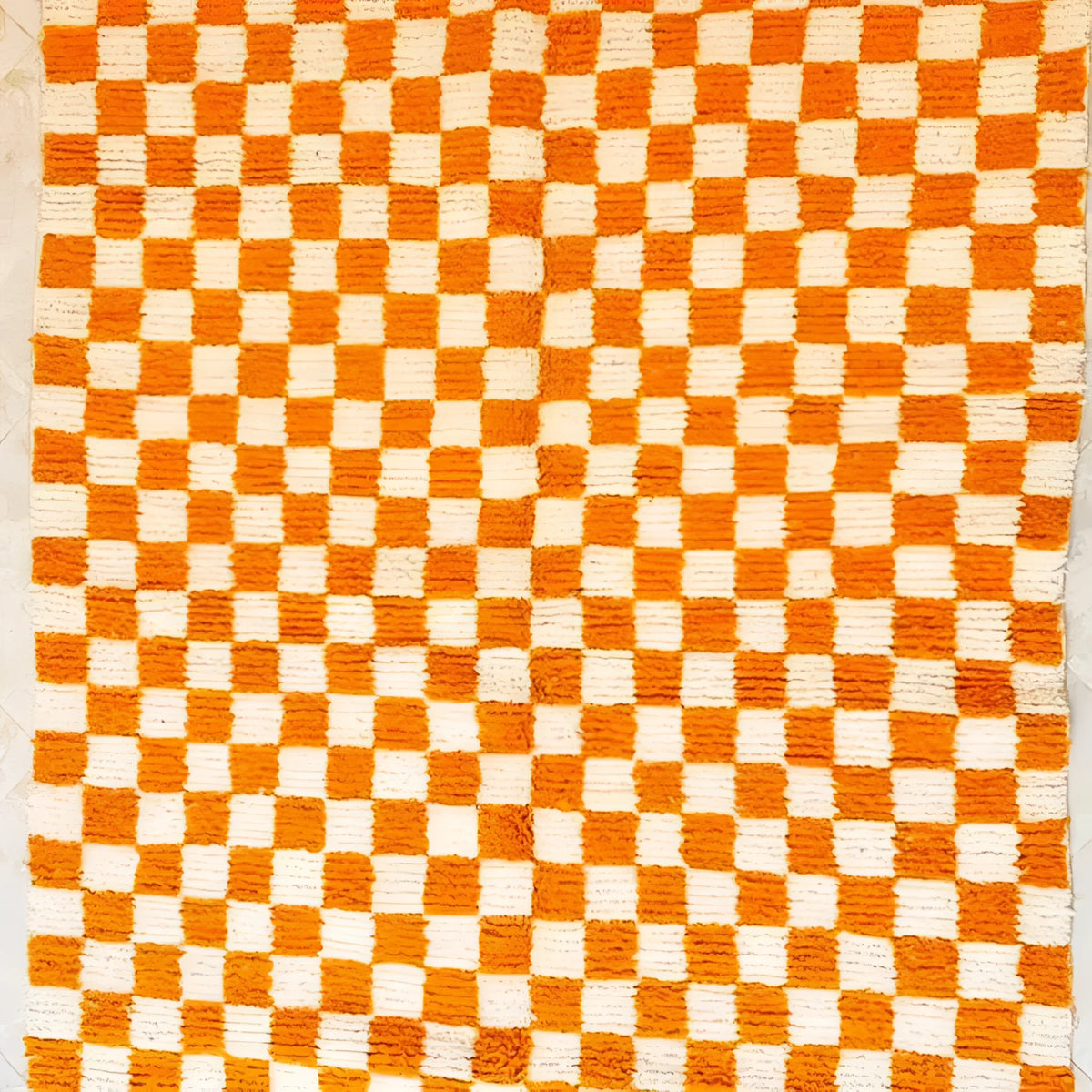 Moroccan Berber Handwoven Checker Wool Area Rug - Orange and White