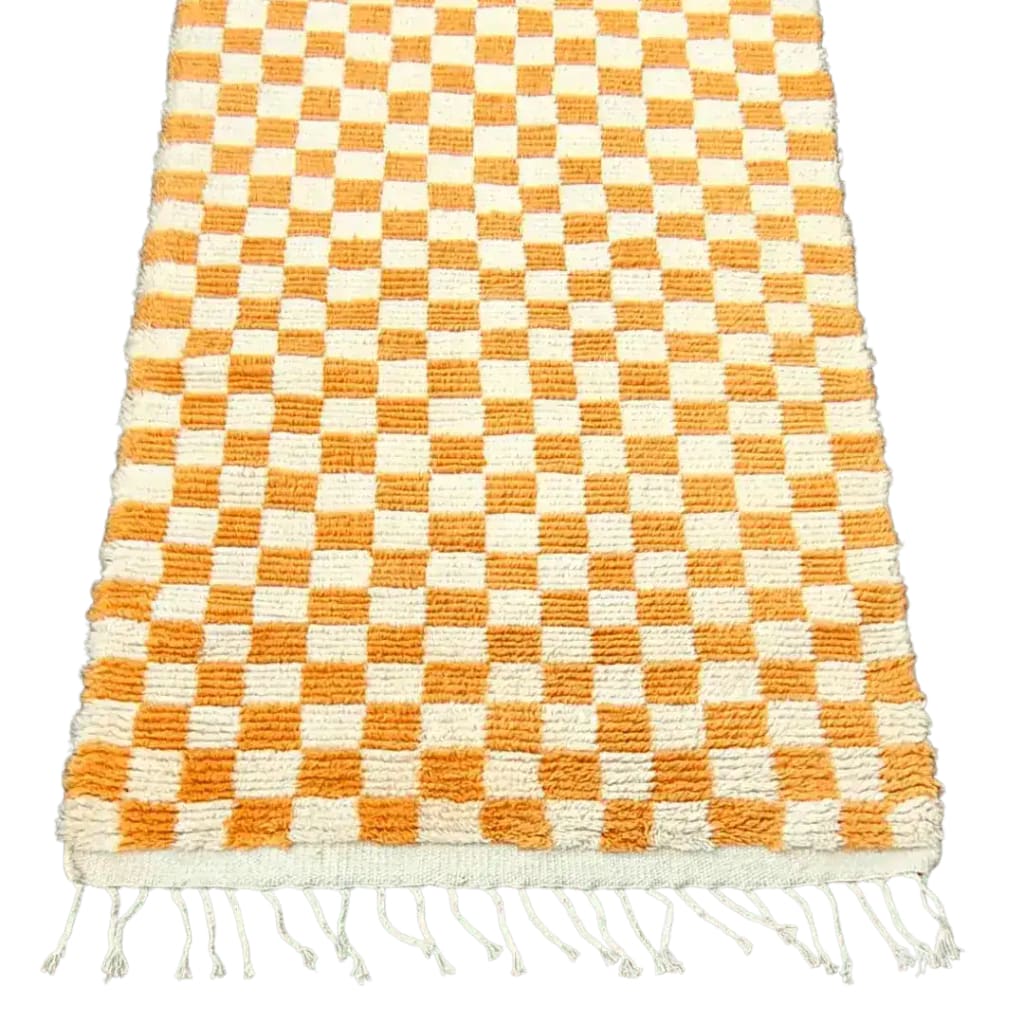 Moroccan Berber Handwoven Checker Wool Area Rug - Orange and White