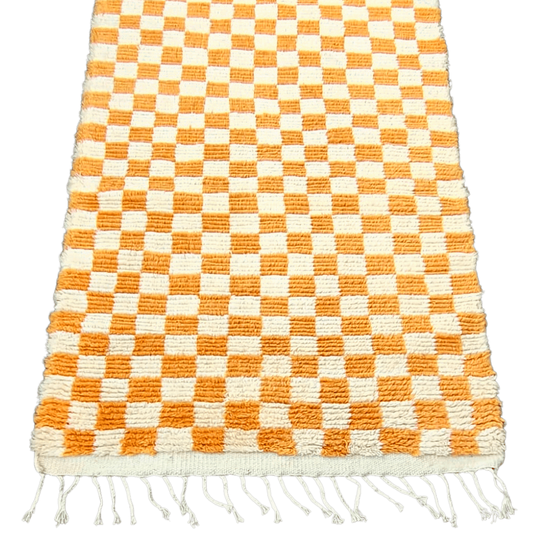 Moroccan Berber Handwoven Checker Wool Area Rug - Orange and White - MAIA HOMES