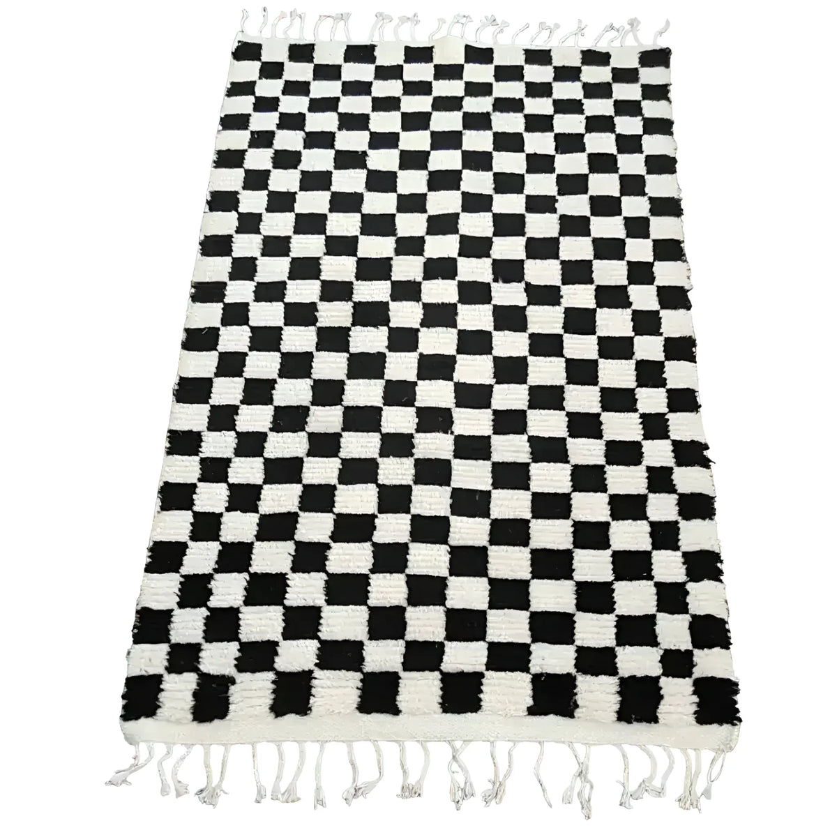 Moroccan Berber Handwoven Checker Wool Area Rug with Tassels - Black and White