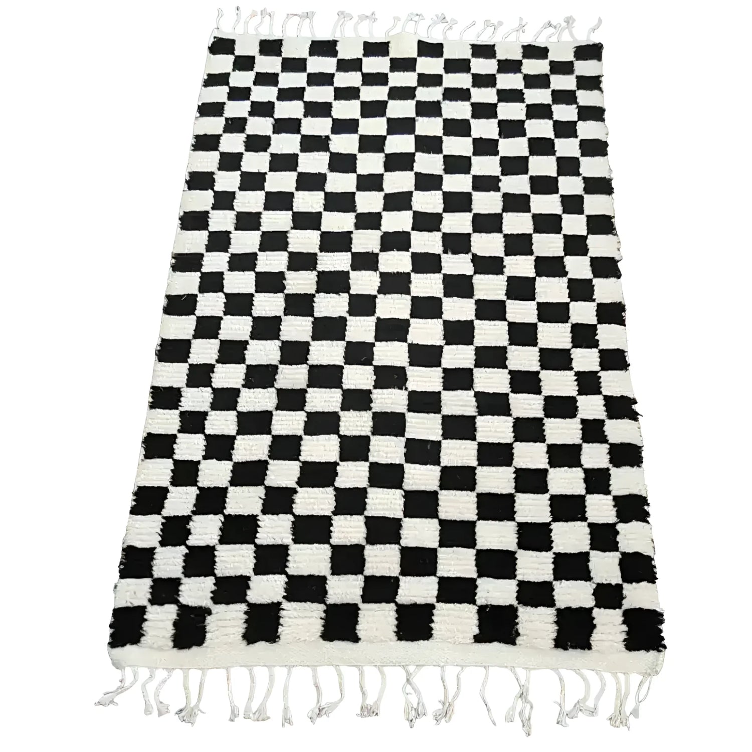 Moroccan Berber Handwoven Checker Wool Area Rug with Tassels - Black and White