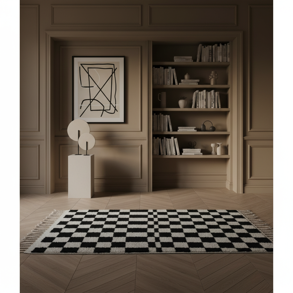 Moroccan Berber Handwoven Checker Wool Area Rug with Tassels - Black and White