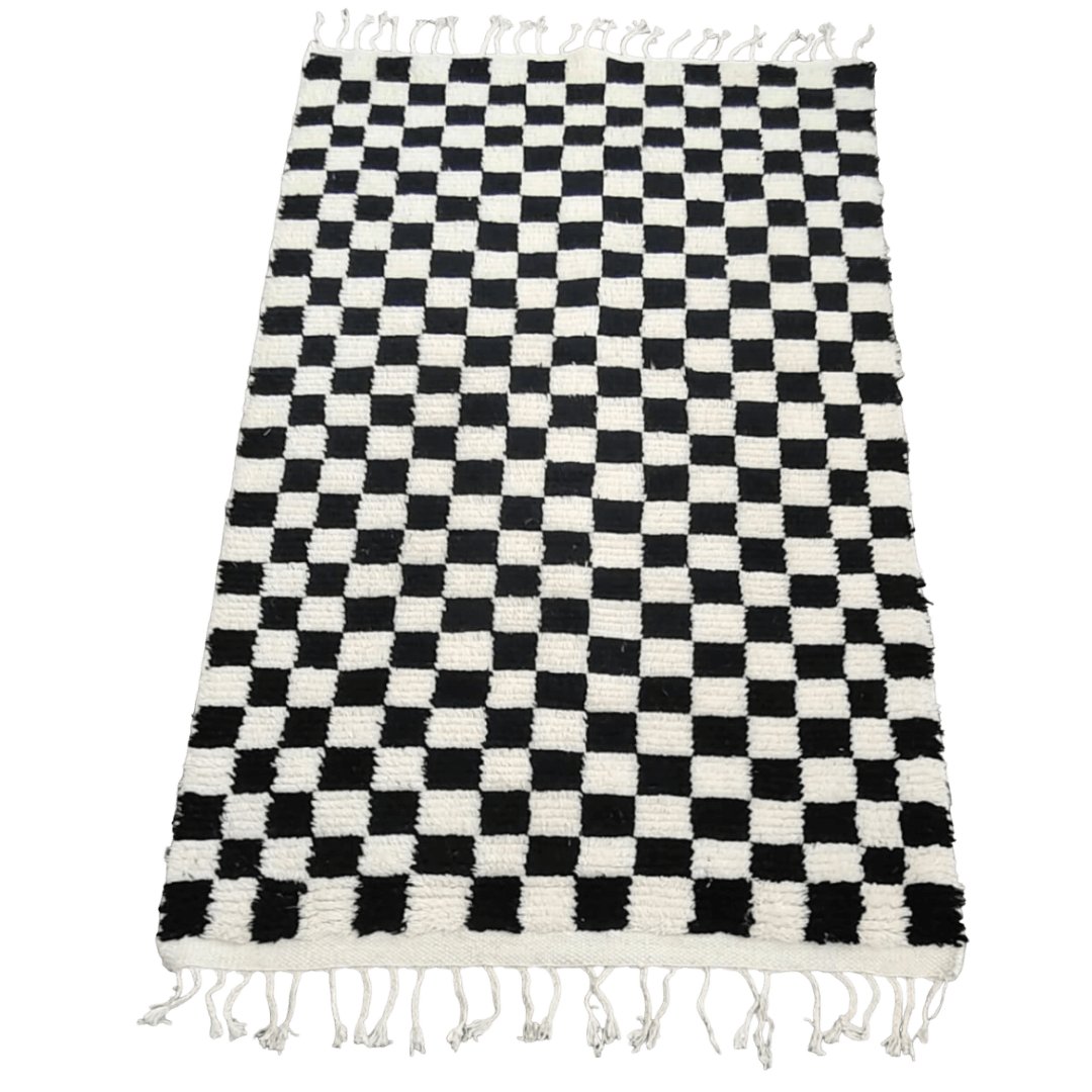 Moroccan Berber Handwoven Checker Wool Area Rug with Tassels - Black and White