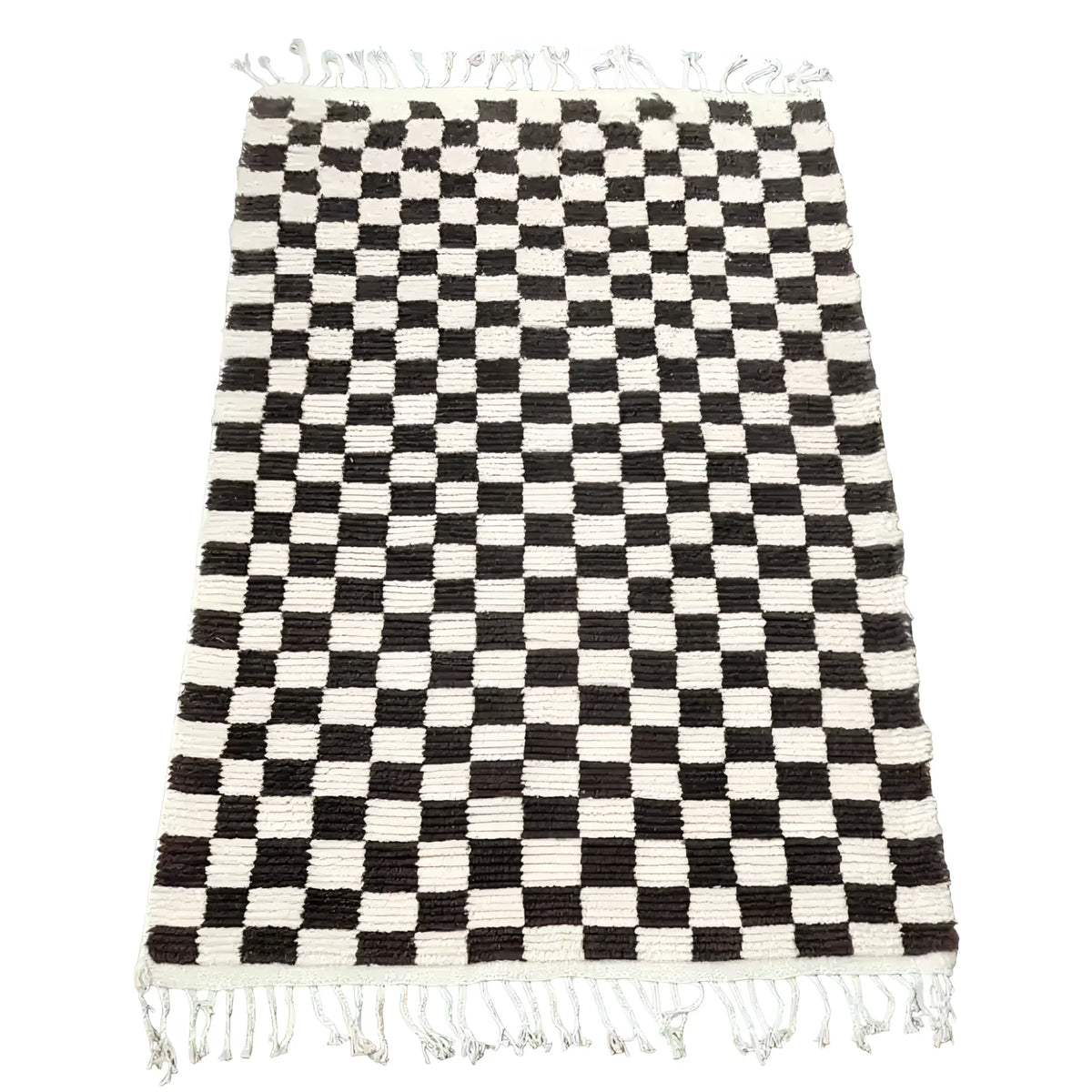Moroccan Berber Handwoven Checker Wool Area Rug with Tassels - Dark Brown and White