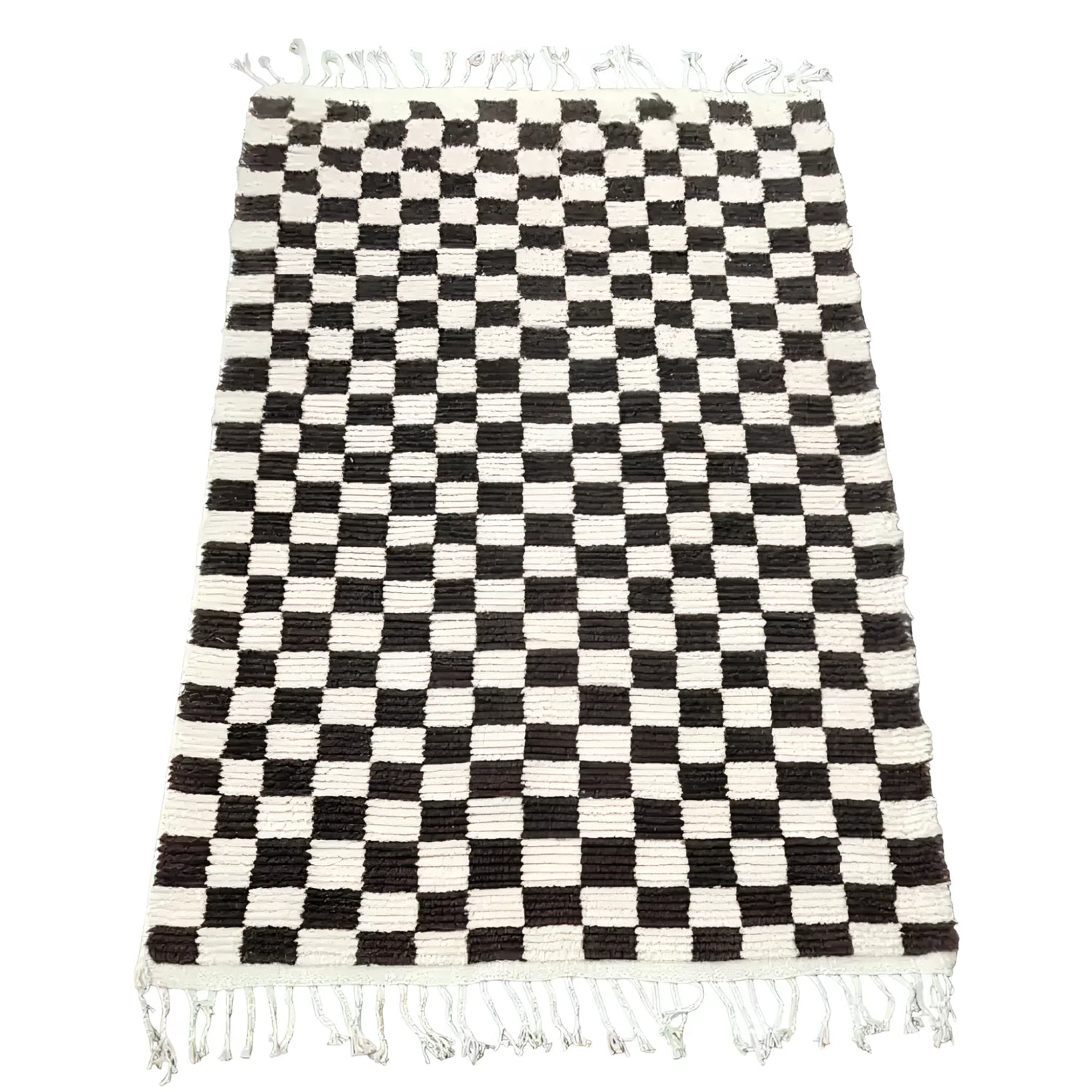 Moroccan Berber Handwoven Checker Wool Area Rug with Tassels - Dark Brown and White