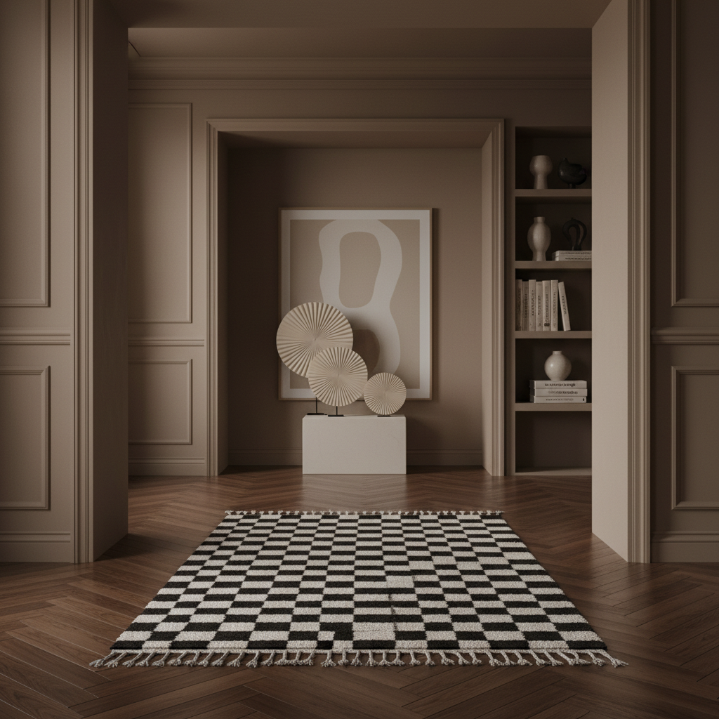 Moroccan Berber Handwoven Checker Wool Area Rug with Tassels - Dark Brown and White