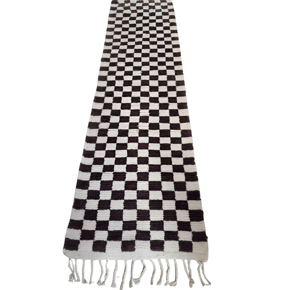 Moroccan Berber Handwoven Checker Wool Area Rug with Tassels - Dark Brown and White
