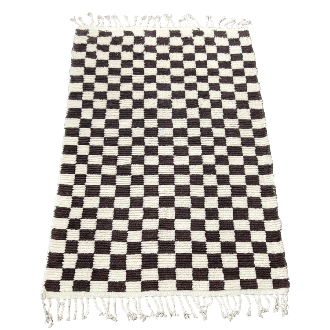 Moroccan Berber Handwoven Checker Wool Area Rug with Tassels - Dark Brown and White - MAIA HOMES
