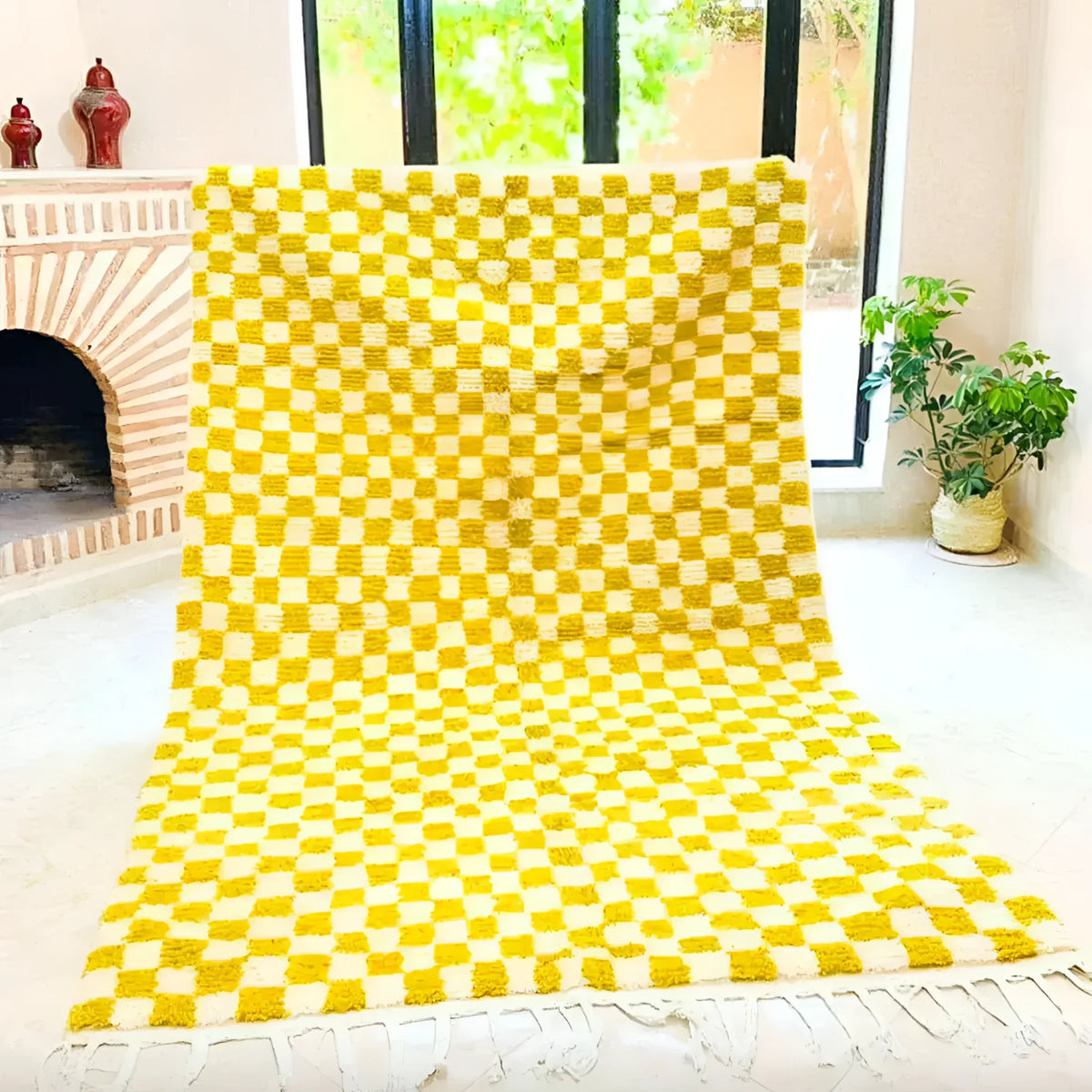 Moroccan Berber Handwoven Checker Wool Area Rug - Yellow and White