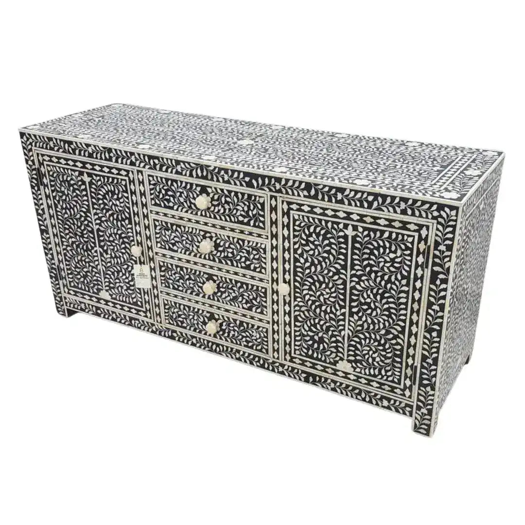 Moroccan bone inlay 6 drawers chest in black with dense white floral vine pattern covering all surfaces