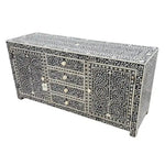 Moroccan bone inlay 6 drawers chest in black with dense white floral vine pattern covering all surfaces