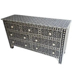 Moroccan Nights bone inlay 7-drawer dresser; black with dense white floral diamond lattice pattern and round bone knobs
