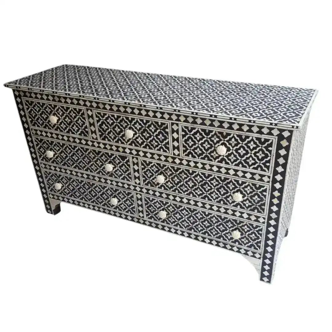 Moroccan Nights bone inlay 7-drawer dresser; black with dense white floral diamond lattice pattern and round bone knobs