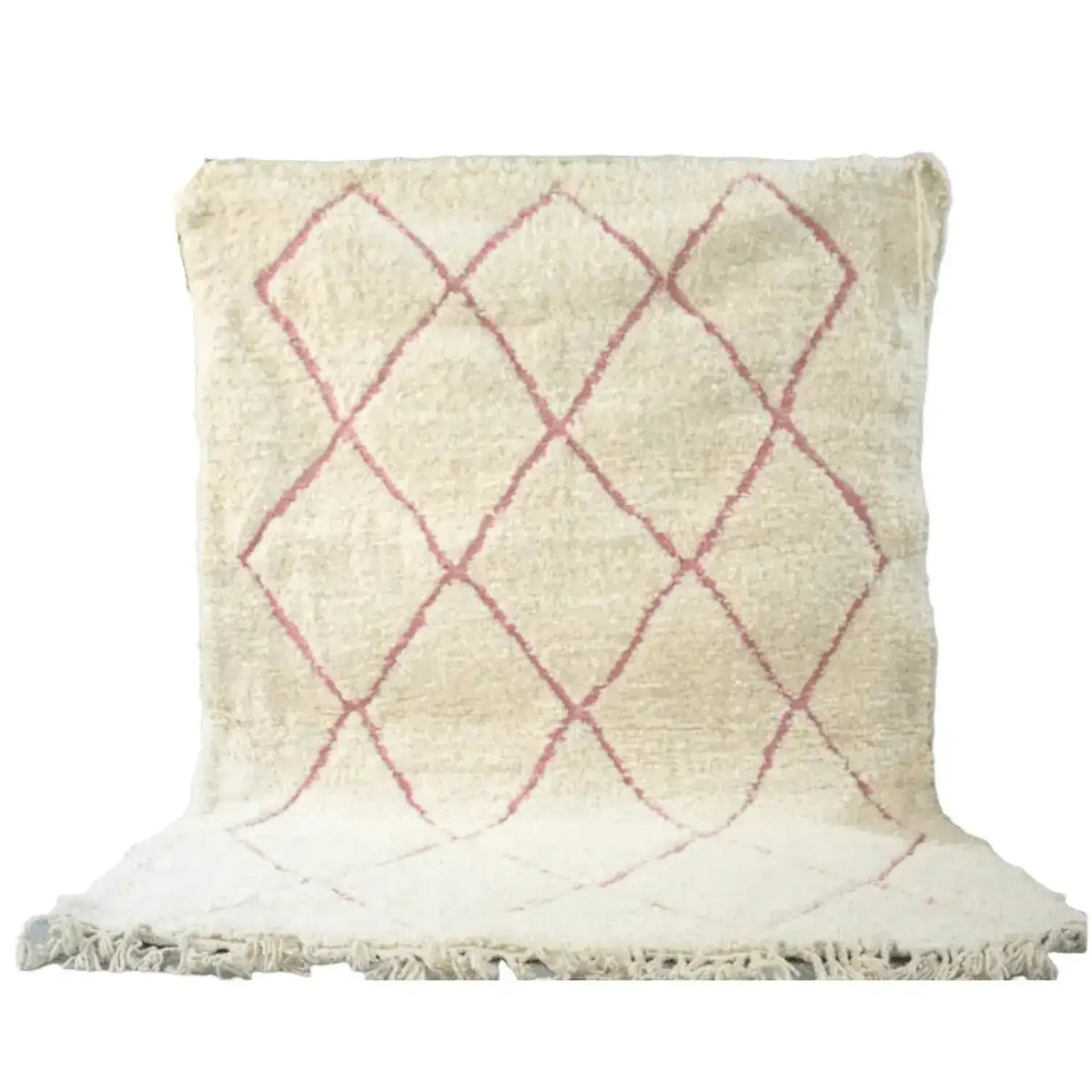 A Moroccan Pink Beni Ouarain Classic Area Rug featuring a soft, plush texture with a vintage diamond pattern in pink. This wool rug is ideal for large living room spaces, adding a touch of elegance and warmth.