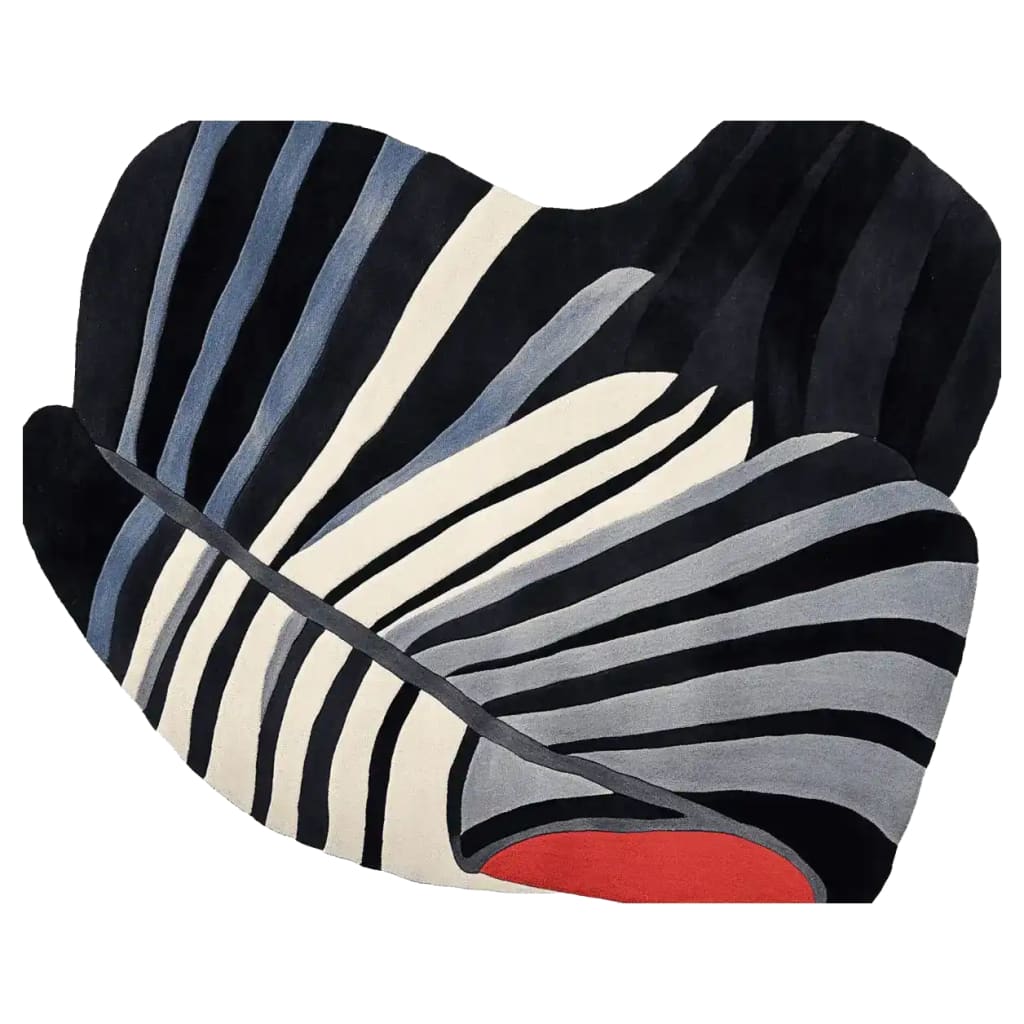 A Morph Flow Hand Tufted Area Rug featuring a bold abstract design with striking black, white, and gray stripes, accented by a touch of red. This contemporary wool rug is perfect for modern living rooms, offering a stylish and large centerpiece.