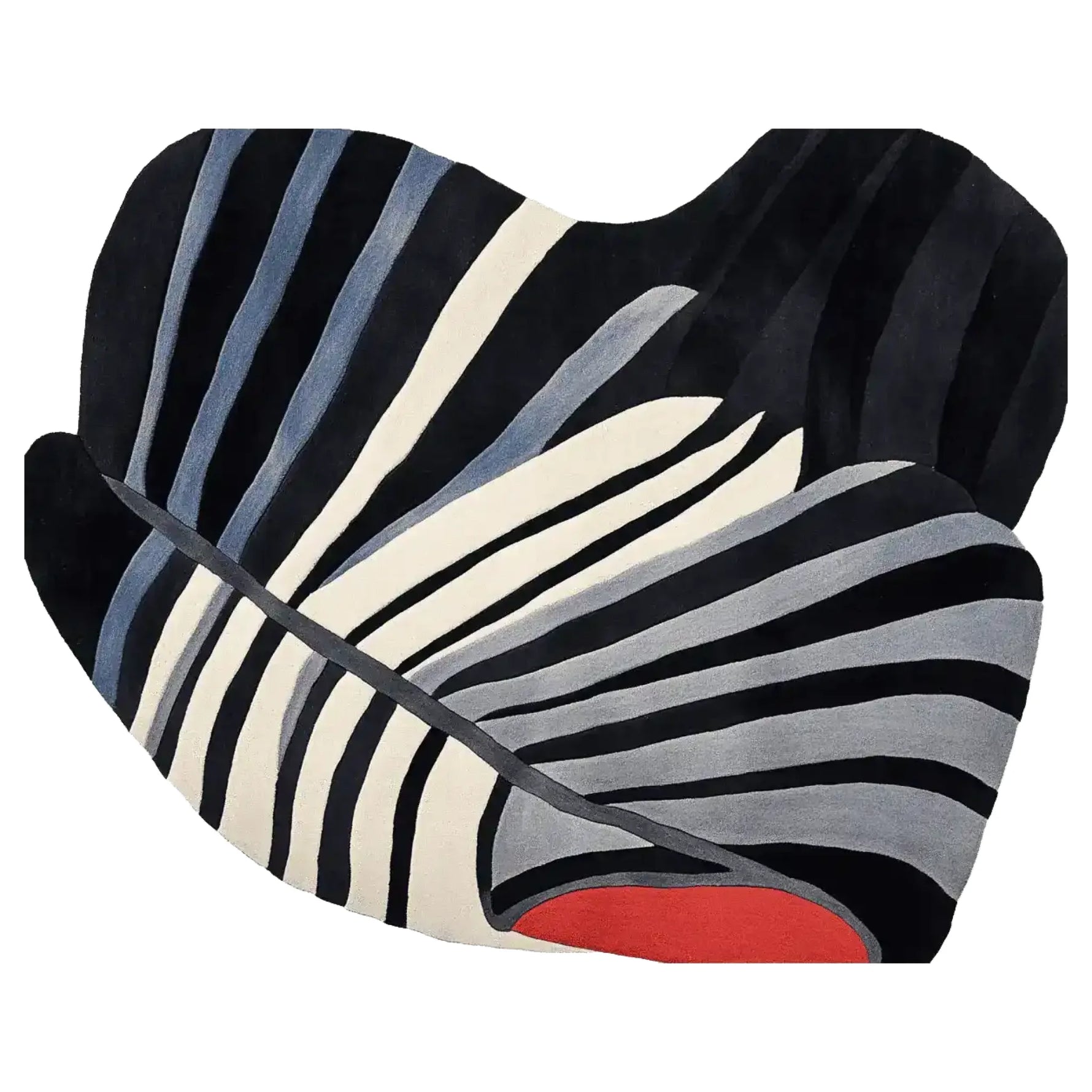 A Morph Flow Hand Tufted Area Rug featuring a bold abstract design with striking black, white, and gray stripes, accented by a touch of red. This contemporary wool rug is perfect for modern living rooms, offering a stylish and large centerpiece.