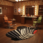 Barbershop interior with vintage chairs, mirror, and decorative rug.