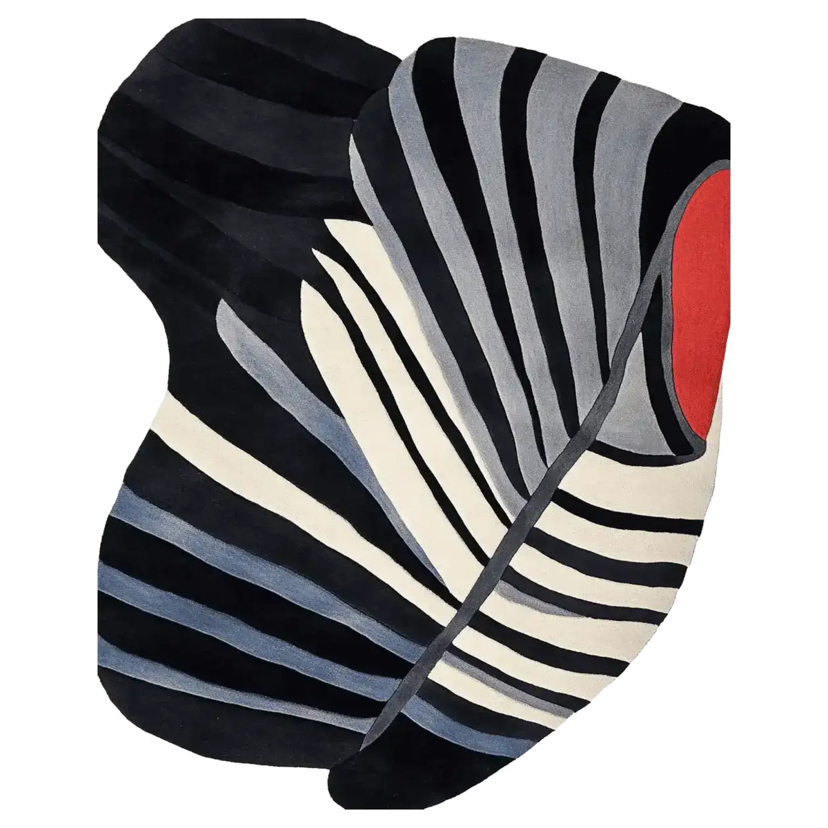 Top view of the Morph Flow Hand Tufted Area Rug featuring a bold abstract design with sweeping black, white, and gray stripes and a striking red accent. This contemporary wool rug is perfect for adding a stylish touch to large living rooms.