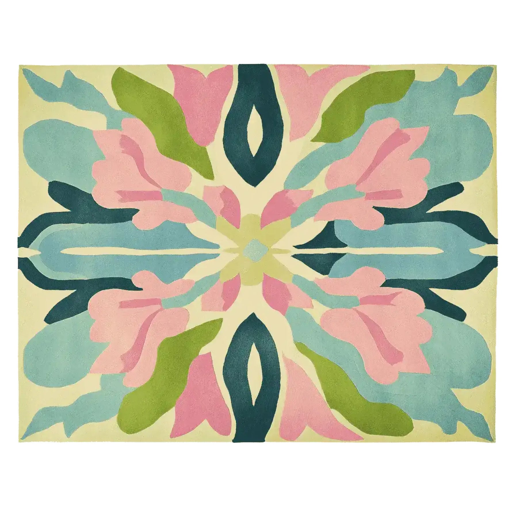 Vibrant and colorful area rug featuring a contemporary floral design with shades of pink, green, and blue. This wool rug is perfect for adding a touch of elegance to living room area rugs, ideal as an area rug for living room settings.