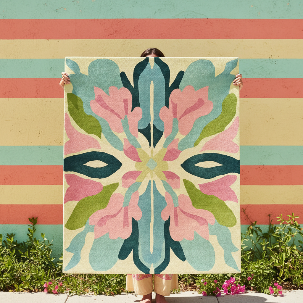 Person holding a colorful abstract patterned rug against a striped wall.