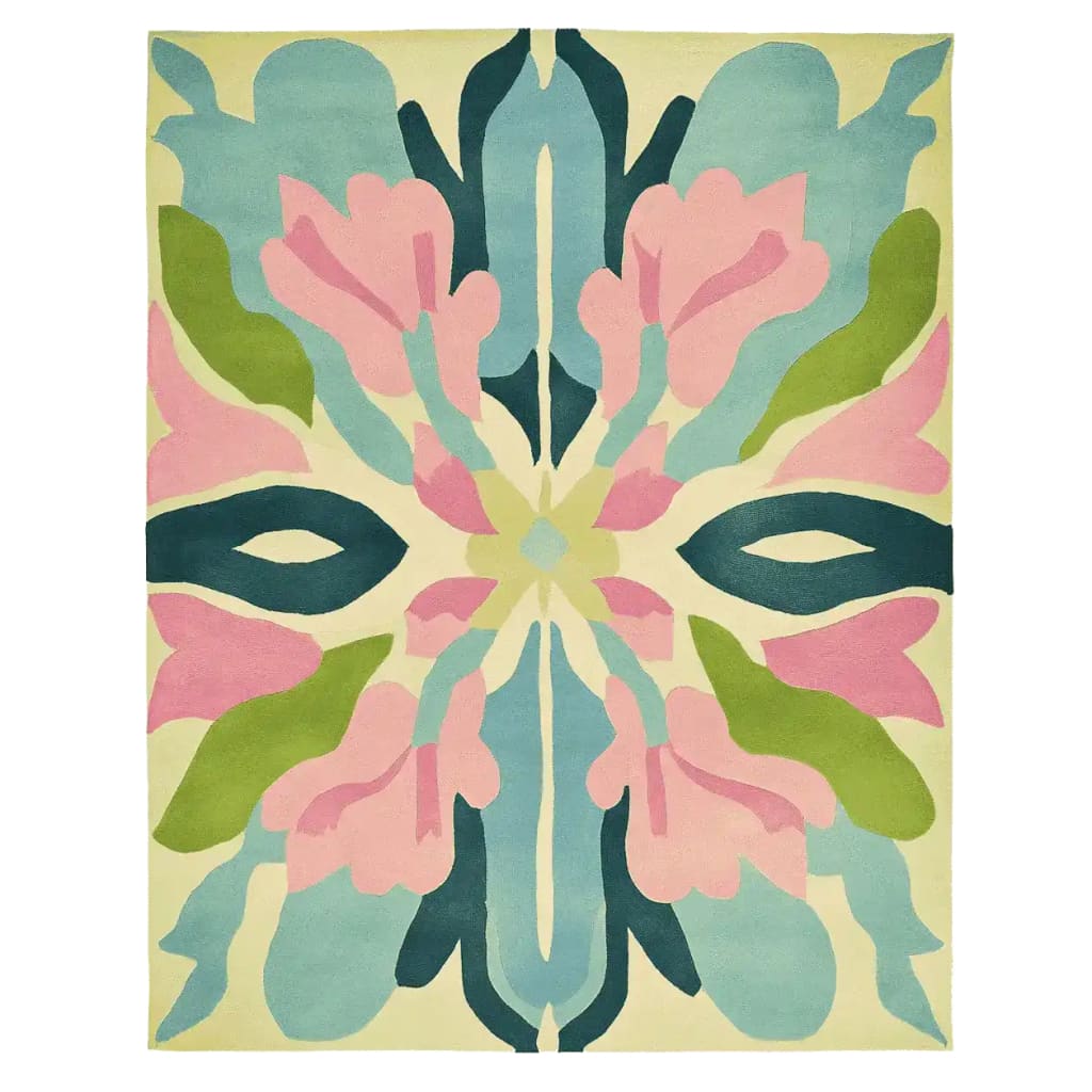 Vibrant Mosiac Garden Whisper Hand Tufted Area Rug featuring an abstract floral design in pink, blue, and green hues. This contemporary wool rug is perfect for adding a splash of color and style to living room area spaces, enhancing any home decor with its artistic appeal.