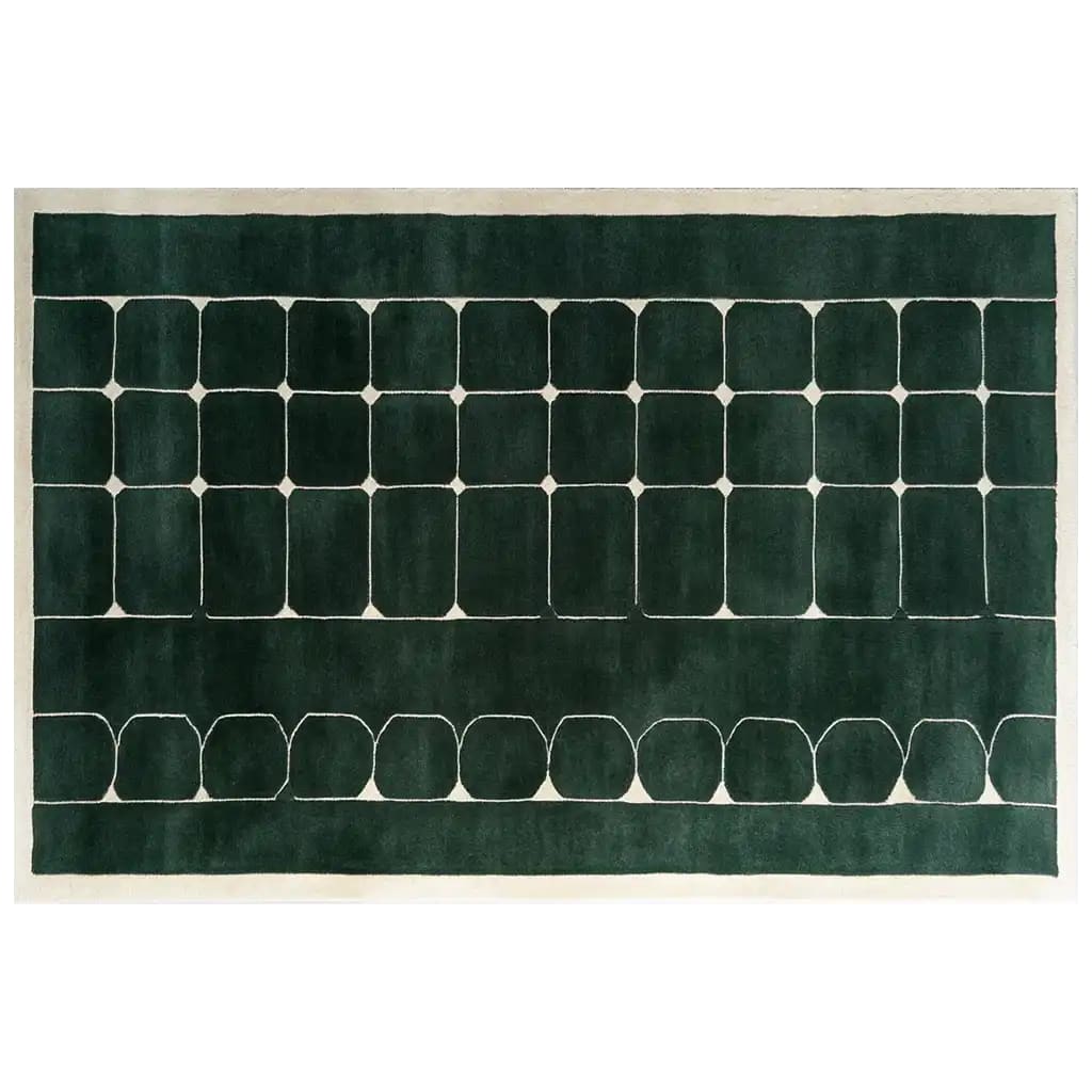 Top view of the Mosaic Haven Hand Tufted Wool Rug, a contemporary area rug perfect for living rooms. This 8x10 wool rug features a modern geometric pattern in rich green tones, ideal for adding a stylish touch to any living room decor.