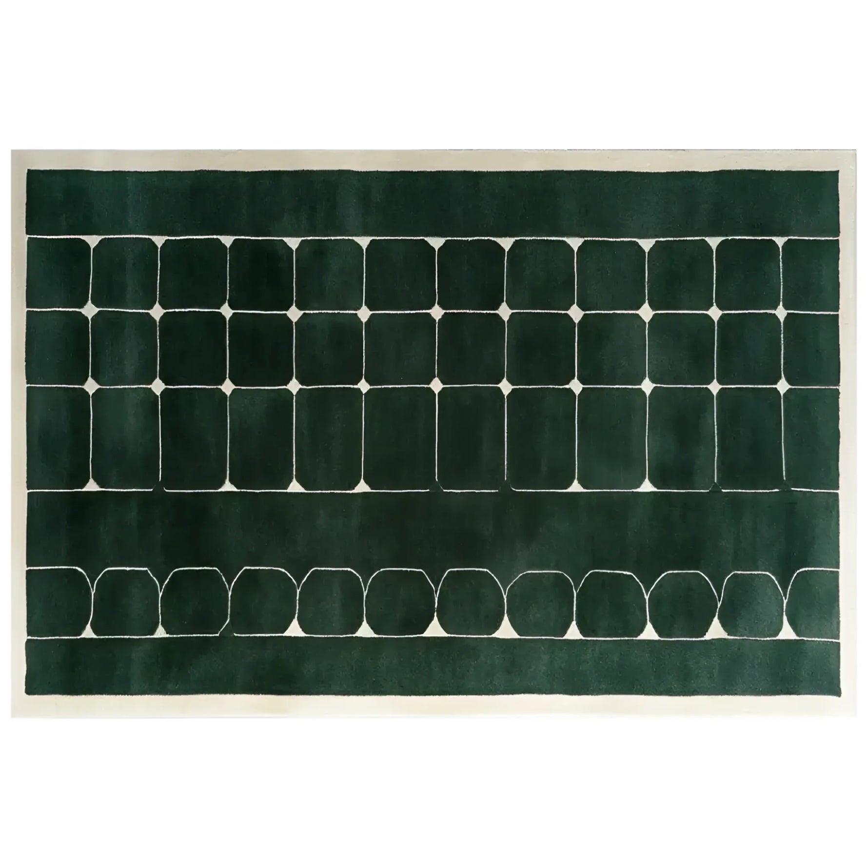 Top view of the Mosaic Haven Hand Tufted Wool Rug, a contemporary area rug perfect for living rooms. This 8x10 wool rug features a modern geometric pattern in rich green tones, ideal for adding a stylish touch to any living room decor.