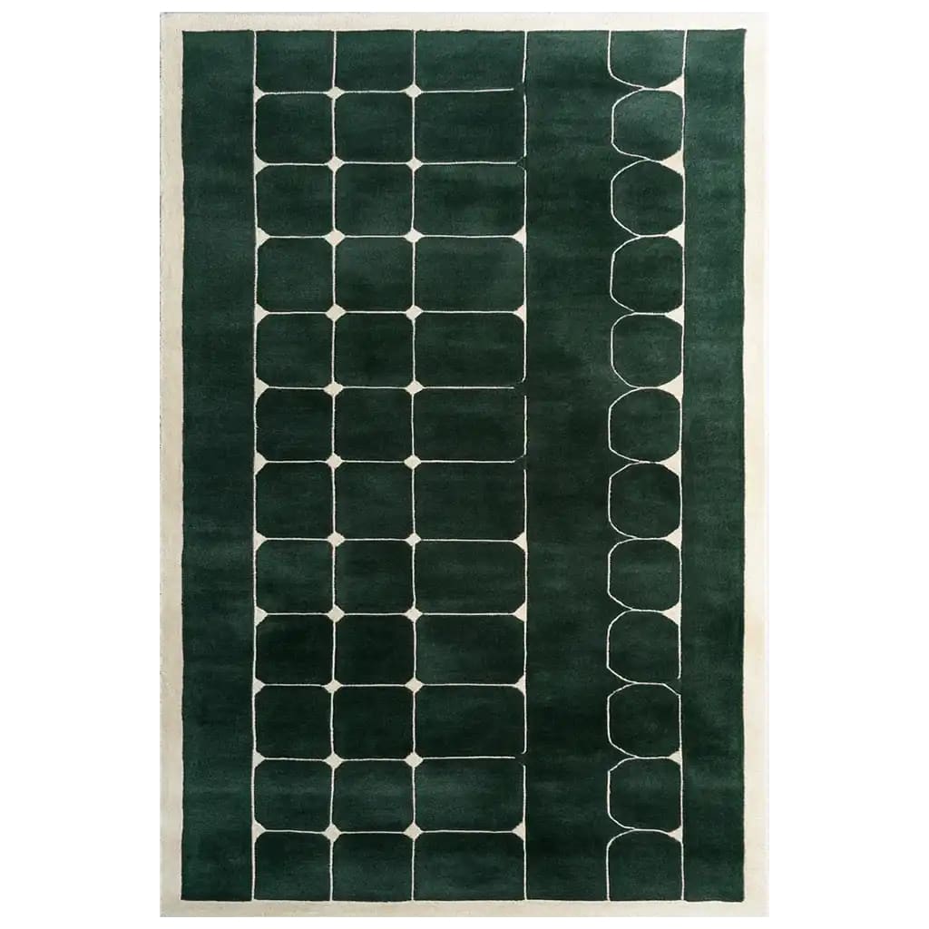 Top view of the Mosaic Haven Hand Tufted Wool Rug, a stylish area rug perfect for contemporary living rooms. This 8x10 wool rug features a unique geometric pattern with a deep green and cream design, ideal for adding a modern touch to your living room area.